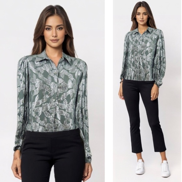 JEN'S PIRATE BOOTY Rising Star Metallic Silver Button Down Putf Sleeve Blouse - Picture 5 of 16